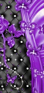 Elegant purple wallpaper with flowers and butterflies.