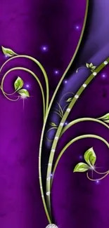 Elegant purple floral wallpaper with green vines and diamond accents.