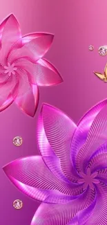 Elegant purple floral wallpaper with golden butterflies.