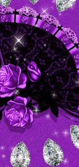 Elegant purple wallpaper with roses and gem details.