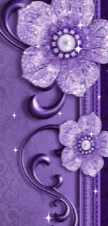 Elegant purple wallpaper with intricate floral designs.