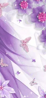 Purple floral wallpaper with butterflies.