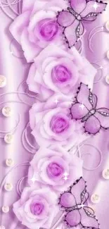 Elegant lavender wallpaper with roses and butterflies.