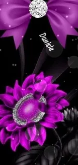 Mobile wallpaper with a purple bow and floral design on a black background.