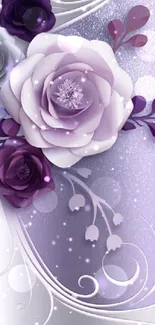 Elegant purple floral wallpaper with roses and decorative patterns.