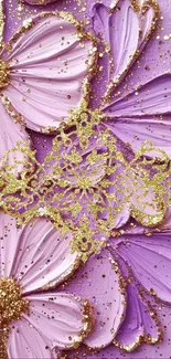 Purple floral wallpaper with golden accents.