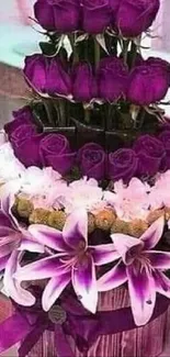 Elegant bouquet of purple roses and lilies as mobile wallpaper.