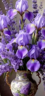 Purple flowers in a vintage vase creating an elegant bouquet.