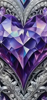 Purple gemstone heart with silver details on wallpaper.