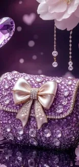Elegant purple gemstone clutch with pearls and bow.