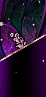 Elegant purple wallpaper with gemstones and leafy patterns.