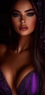 Glamorous woman in elegant purple dress.