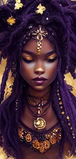 Regal goddess with purple hair and golden details on a mobile wallpaper.