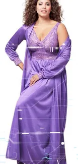 Elegant purple gown with lace detail and flowing design.