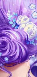 Elegant purple hair art with floral design.