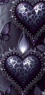 Purple heart design with butterflies and floral patterns on a dark background.