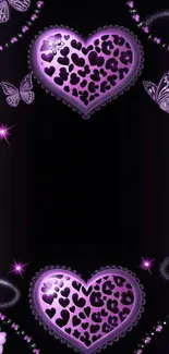 Purple heart and butterfly design on mobile wallpaper.