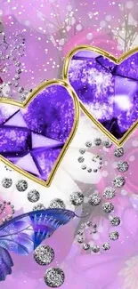 Purple heart wallpaper with jewels and butterflies.