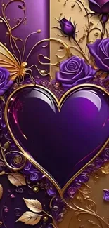 Purple heart with floral and butterfly motifs on a mobile wallpaper.