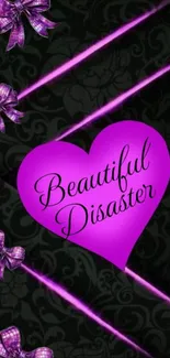 Purple heart wallpaper with ribbon bows and 'Beautiful Disaster' text.
