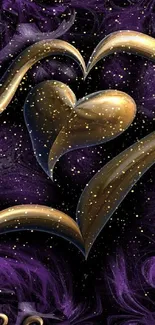 Elegant purple heart design with gold swirls on a mobile wallpaper.