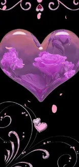 Purple heart with floral design on black background mobile wallpaper.