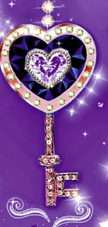 Purple heart-shaped key with jewels on a vibrant background.