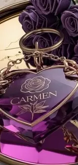 Elegant purple heart-shaped keychain with rose design.