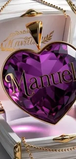 Purple heart pendant with gold chain in an open box.