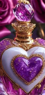 Purple heart-shaped perfume bottle with golden accents and roses.
