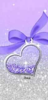 Purple heart with ribbon on lavender and silver background.