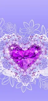 Purple heart and floral mobile wallpaper with gemstone and lace design.