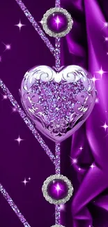 Elegant purple heart mobile wallpaper with glitter and diamonds.