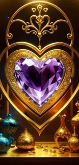 Purple heart gem with golden ornate frame and decorative objects.