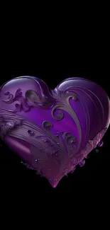 Elegant 3D purple heart with swirls on black background.