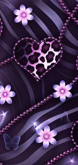 Purple heart wallpaper with floral accents and leopard pattern.