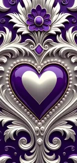 Elegant wallpaper with purple heart and silver floral design.