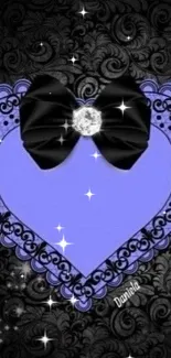 Purple heart with black bow on elegant floral background.