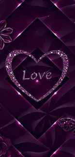 Purple heart wallpaper with floral and butterfly designs.