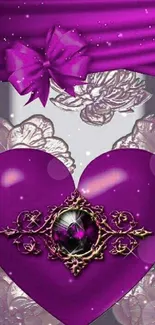 Purple heart wallpaper with jewel and floral accents.