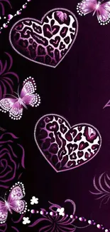 Elegant mobile wallpaper with purple hearts, butterflies, and floral patterns.