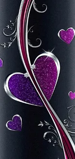 Purple hearts with silver accents wallpaper design.