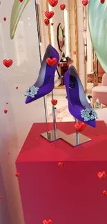 Elegant purple high heels on a red pedestal.