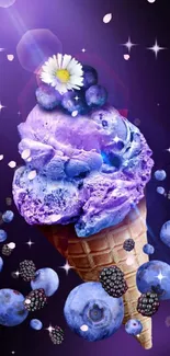 Purple blueberry ice cream cone with flowers.