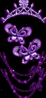 Elegant mobile wallpaper with purple jewels and butterflies on black background.