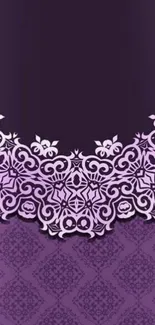 Elegant purple wallpaper with lace and floral design.