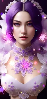 Woman with purple hair and floral adornments in an artistic mobile wallpaper.