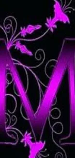 Elegant purple letter M with floral and butterfly design on dark background.