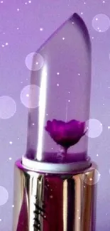 Translucent lipstick with purple flower, set against a lavender background.