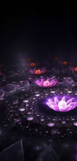 Mystical purple lotus flowers with a glowing aura against a dark background.